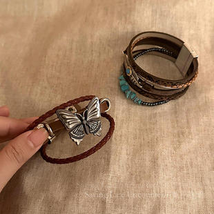 Hand-made ~ exotic ethnic style cowhide folded bracelet personality medieval bohemian style niche vintage jewelry