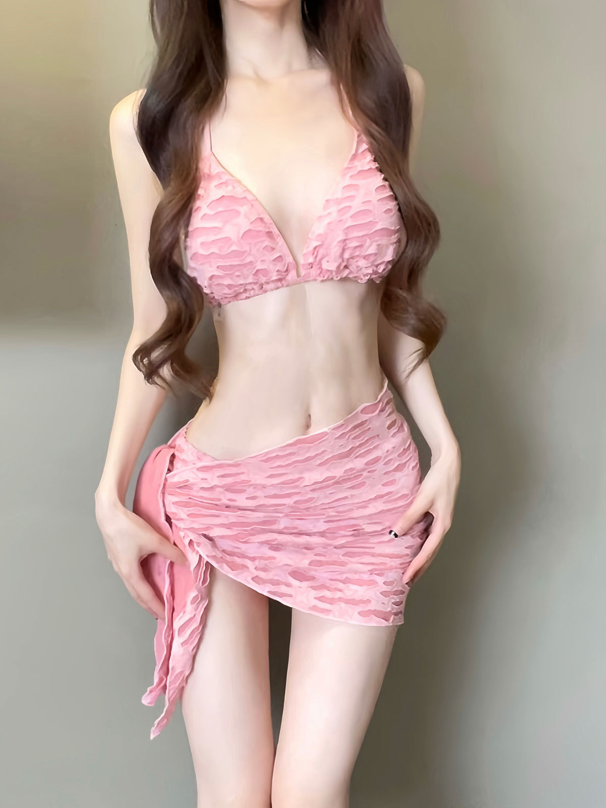 Sexy bikini de tres piezas, trajes de baño de mujer, agujeros de tela rosa, pechos pequeños, vacaciones, Sanya, spa