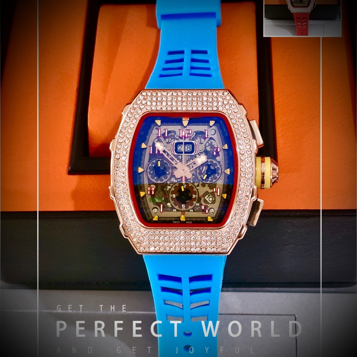 Cross-Border Men's Multifunctional Chronograph Quartz Watch European and American Sports Watch Barrel-Shaped Fashion Full Diamond Design Calendar Watch