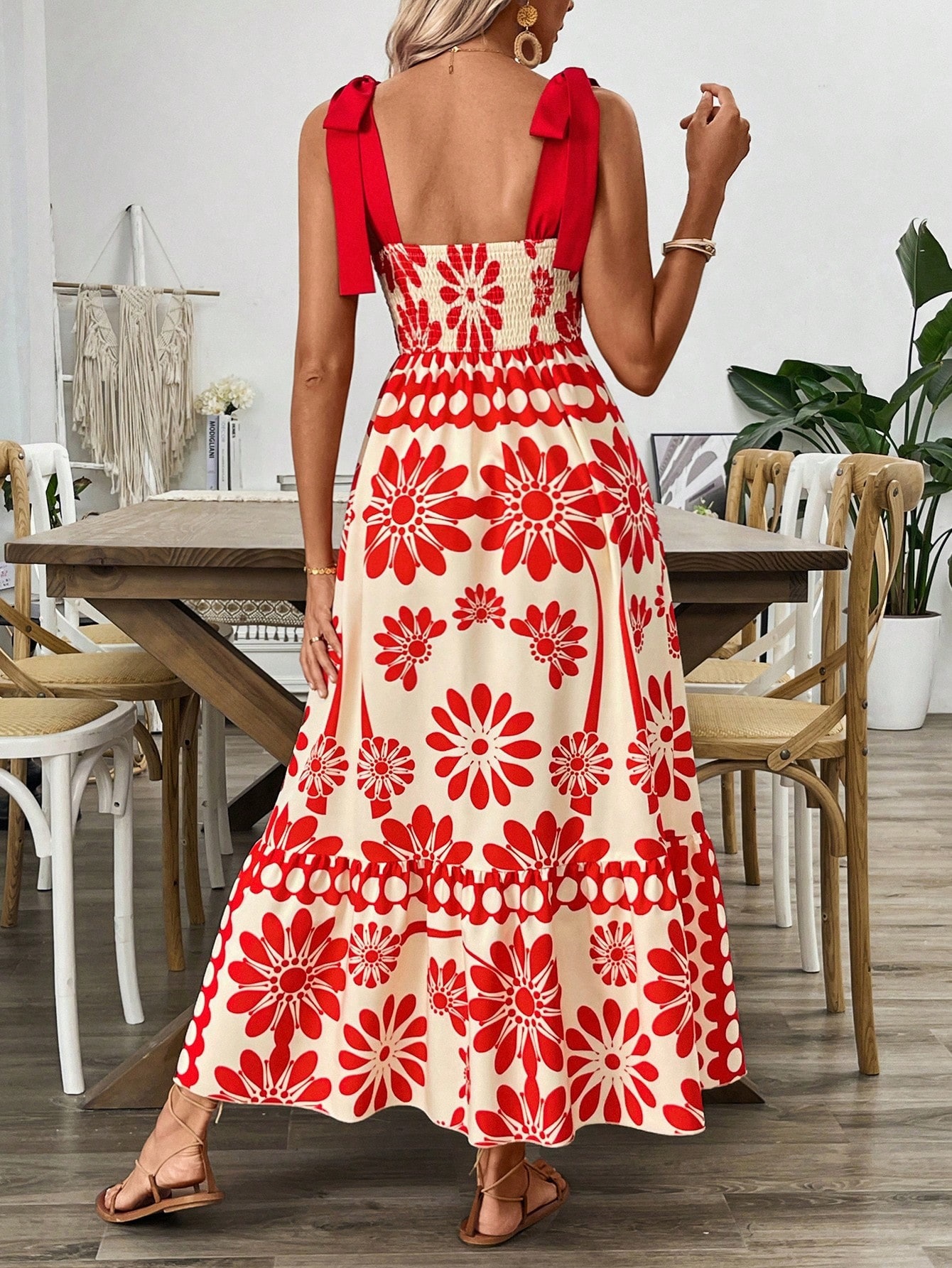 European American Foreign Trade Clothing Women's Bohemian Style With Floral Shoulder Straps And Tie-Up Long Dress_ecoleips.com