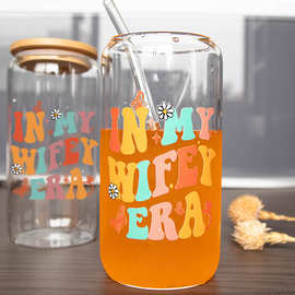 跨境热品In My Wifey Era 16oz个性字母竹盖玻璃吸管杯食品级水杯