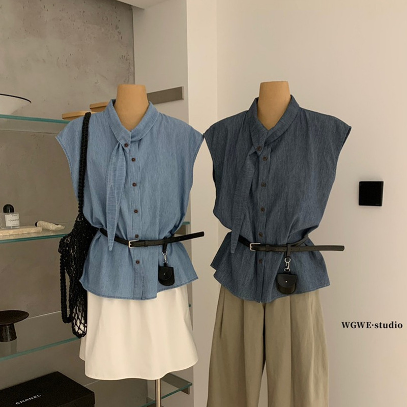 Wgwe2026 Summer Fashion Lazy Style Retro Striped Waist-Slimming Flutter Sleeve Denim Shirt for Women W8998