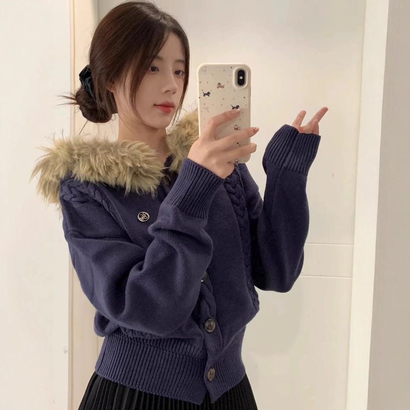 Brother's Mall Same Style Women's 2025 Autumn Black Truffle Fluffy Warm Fur Collar Hooded Cardigan Casual Top