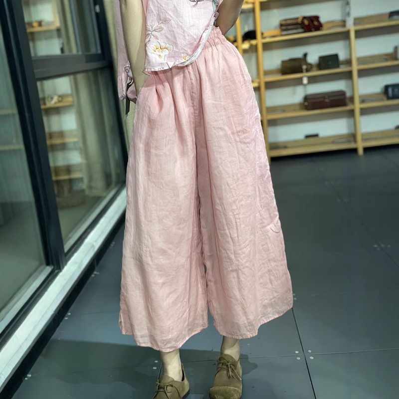 Artistic Simple Solid Color Ramie Elastic Wide-Leg Pants Plus Size Women's Elastic Waist Versatile Casual Straight Cropped Pants Artistic Simple Solid Color Ramie Elastic Wide-Leg Pants Plus Size Women's Elastic Waist Versatile Casual Straight Cropped Pants