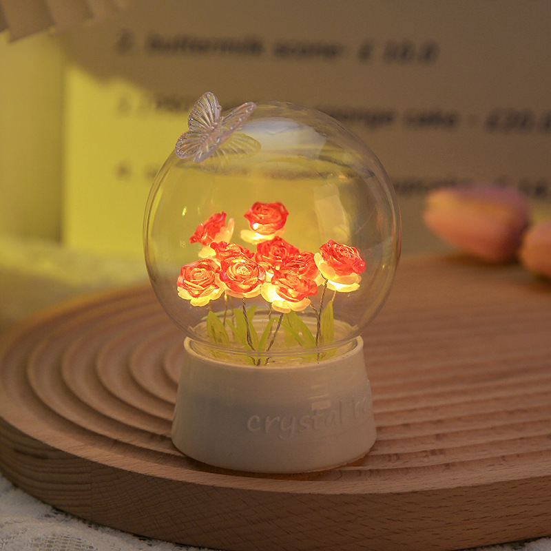 Bola de cristal, flor de rosa, tulipán, luz nocturna, red roja, luz de ambiente de bricolaje, regalo de cumpleaños para novios, día de San Valentín