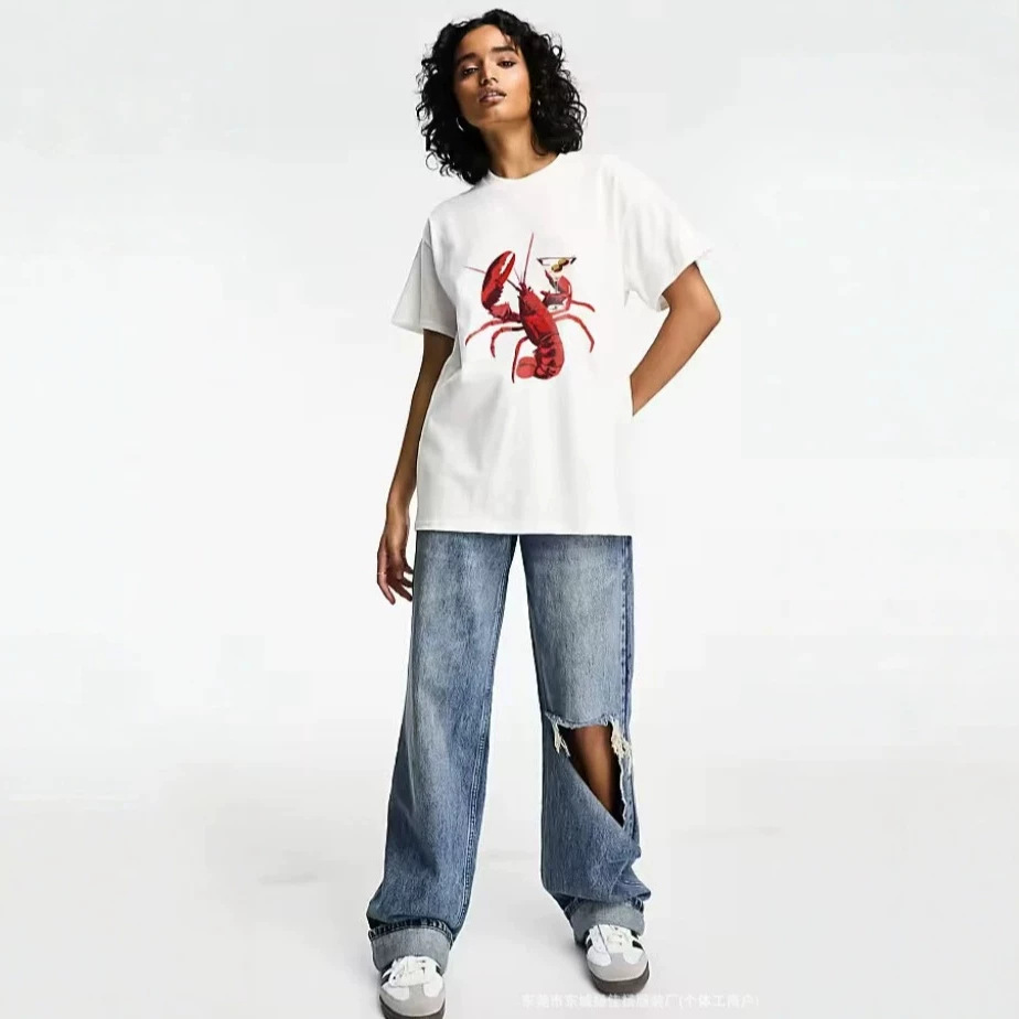 American-Style Trendy and Comfortable Fashionable Lobster Print Foreign Trade Slim-Fit Trendy Brand Design 100% Pure Cotton Short-Sleeve T-Shirt for Women