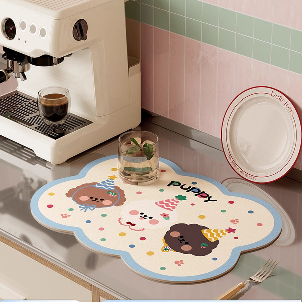 Cartoon-Shaped Puppy Water-Absorbing Mat for Dining Table, Coffee Machine, Bar Counter, Dishes, and Pet Table Mat