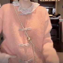 新中式盘扣圆领毛衣女秋冬长袖宽松毛衣外套甜美减龄复古针织衫潮