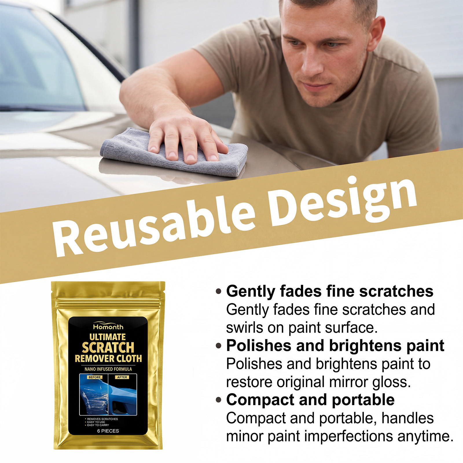 Homonth Car Scratch Care Cloth, Paint and Glass Surface Scratch Cleaning Cloth, Easy to Carry and Portable