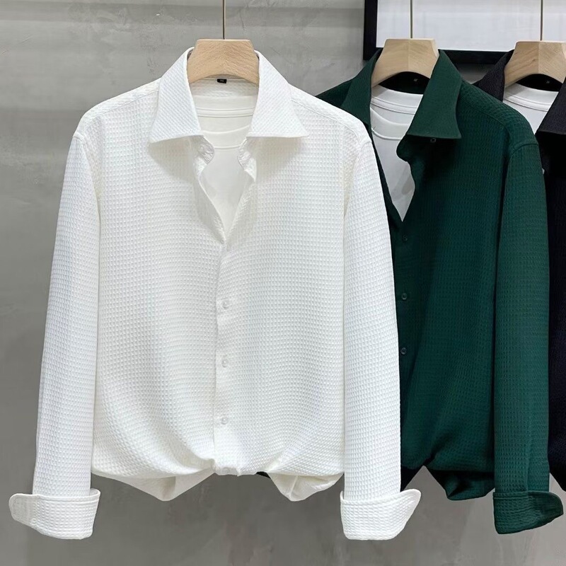 Waffley Texture Long-sleeved Shirt Men's Autumn New Business Casual Three-dimensional Korean Style Slim-fit Long-sleeved Shirt for Men