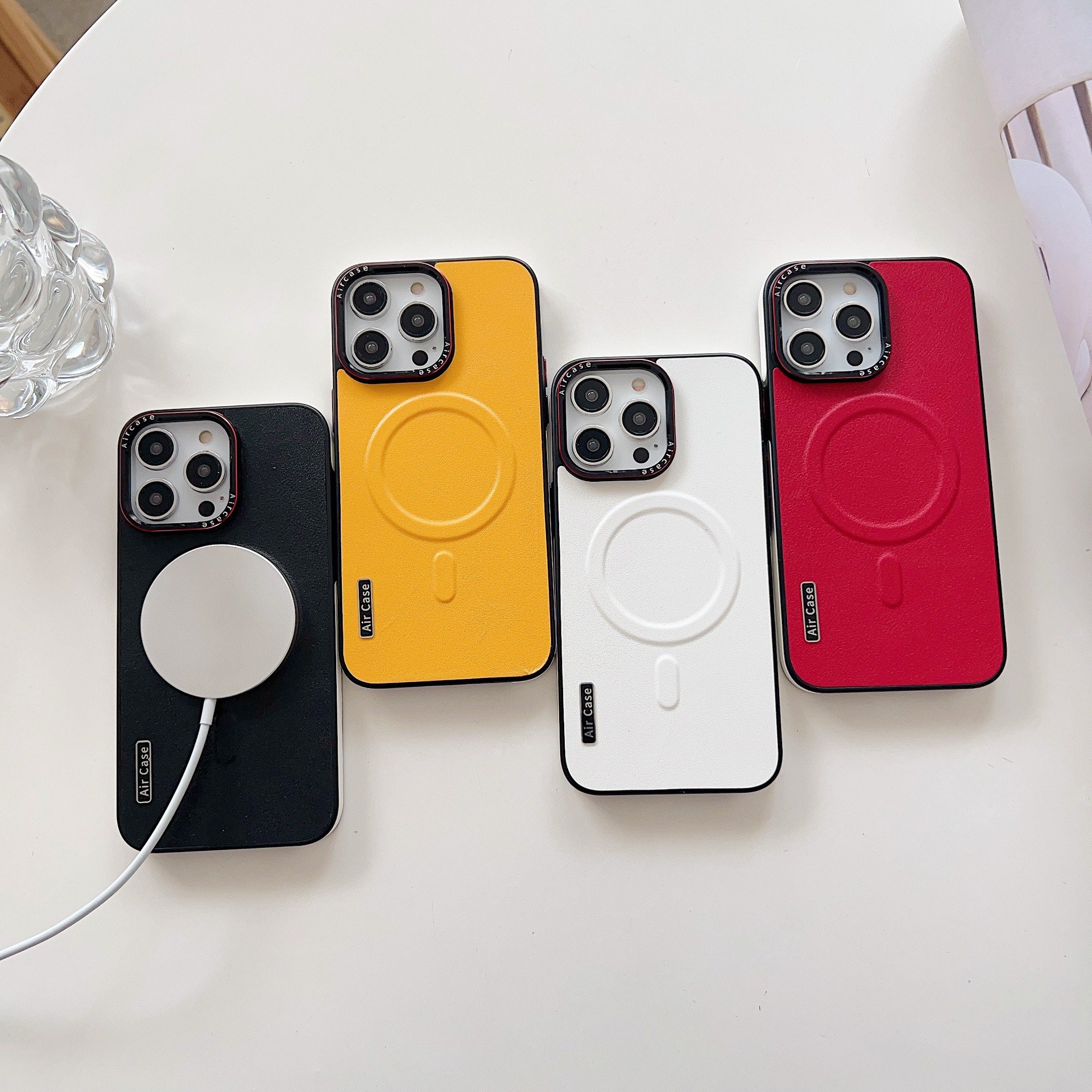 iPhone Applicable Brands PC Plain Leather Solid Color Hot Pressing Basic Simple Style Phone Cases Phone Accessories