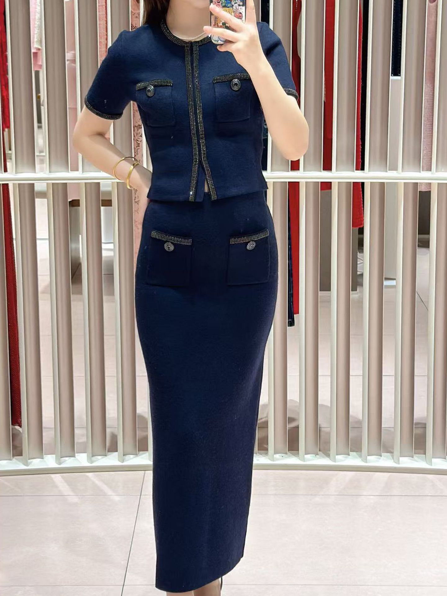 SP 2024 Autumn and Winter High-end Sense Navy Blue Elegant Chanel Style Diamond Ornaments Short Knitwear Top Skirt Set