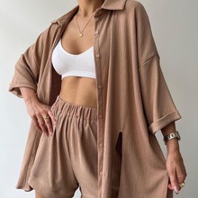 2023跨境欧美亚马逊新款个性开叉中袖衬衫短裤套装