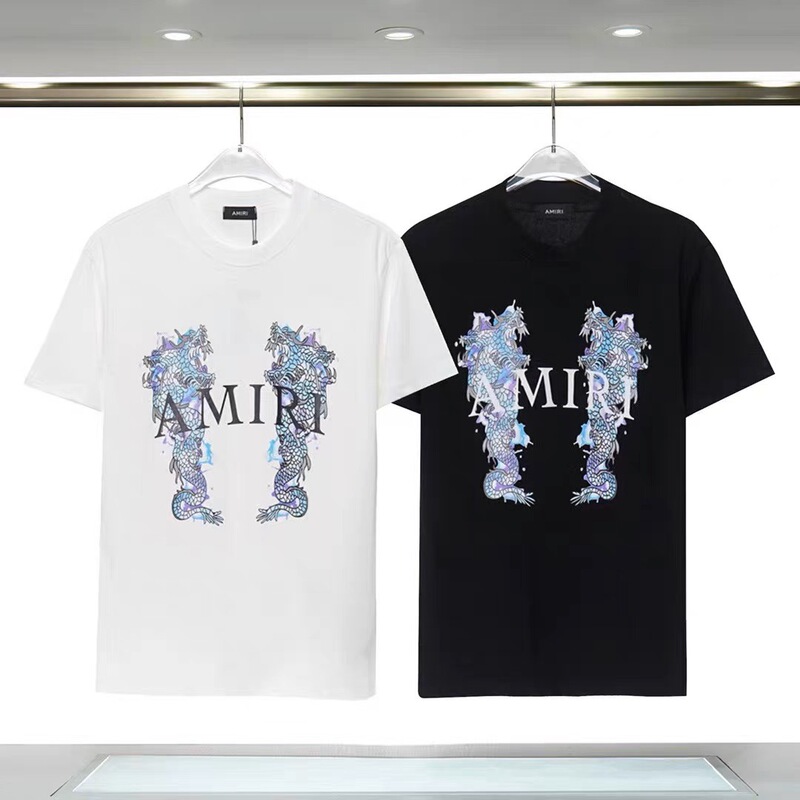 Foreign trade new European and American trend double dragon pattern letter logo printing amiri loose cotton men's and women's short sleeve T-shirt