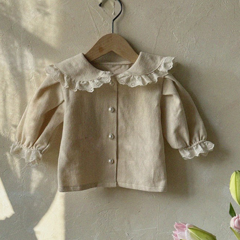 INS niñas bebé primavera nueva camisa superior estilo occidental encaje solapa encaje manga larga niñas cardigan camisa