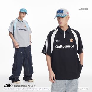 CATTEE Men's 250g Heavy Crewneck Pullover Polo Shirt Men's and Women's Letter Printed Crewneck Pullover Short Sleeve T-Shirt