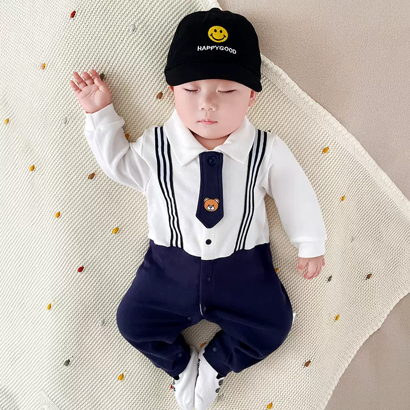 长袖婴儿连体衣单排扣翻领宝宝衣服领带小虎绅士领结哈衣爬服批发
