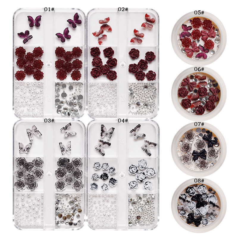 Manicura Nueva joyería retro negro Plum Salsa Camelia joyería arco perla clavo taladro conjunto caja