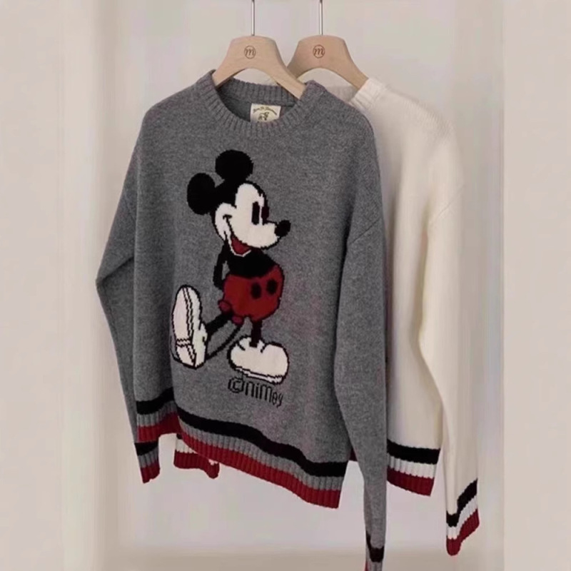 2024 Vintage Color Matching Knitted Cartoon Mickey Pullover Sweater Women's Korean-style Niche Design All-match Casual Top Women