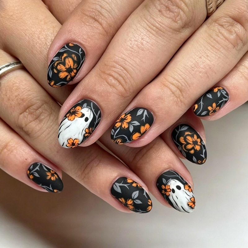 30 pieces of cross-border Halloween hot-selling sweet and cool short almond-shaped press-on nails with exquisite dark-style painted floral designs 30 pieces of cross-border Halloween hot-selling sweet and cool short almond-shaped press-on nails with exquisite dark-style painted floral designs