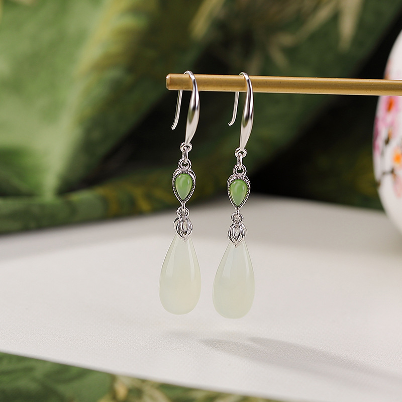 Bông tai bạc S925 mạ vàng đính ngọc Hetian hình giọt nước phong cách cổ điển — Mẫu bạc