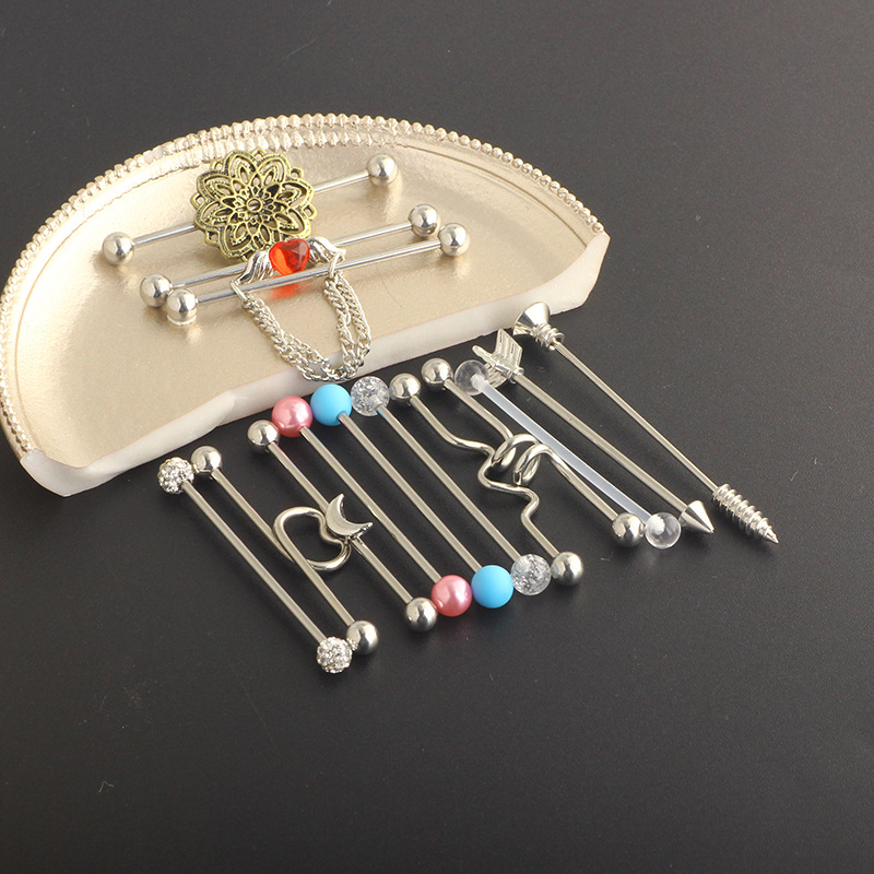 Industrial Barbell Earring Set Stainless Steel Heart Dangle Ear Studs Double Ear Holes Earrings Kit 14 Pieces Vintage Retro Style detail image 10