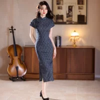 Bei Zhi Yun 2025 новый клетчатый Cheongsam новый китайский стиль традиционный облегающий художественный летний миниатюрный с короткими рукавами