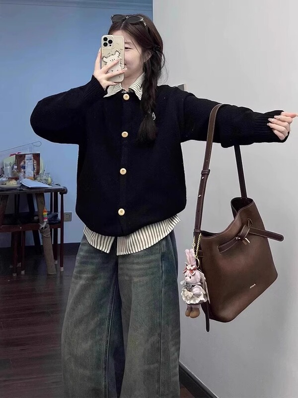 韩系拼接衬衫领假两件毛衣女春秋polo领感慵懒学院风针织开衫|undefined