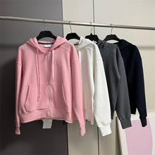 9993法国单！女士珠地棉混纺鱼贴布连帽拉链休闲长袖开身卫衣