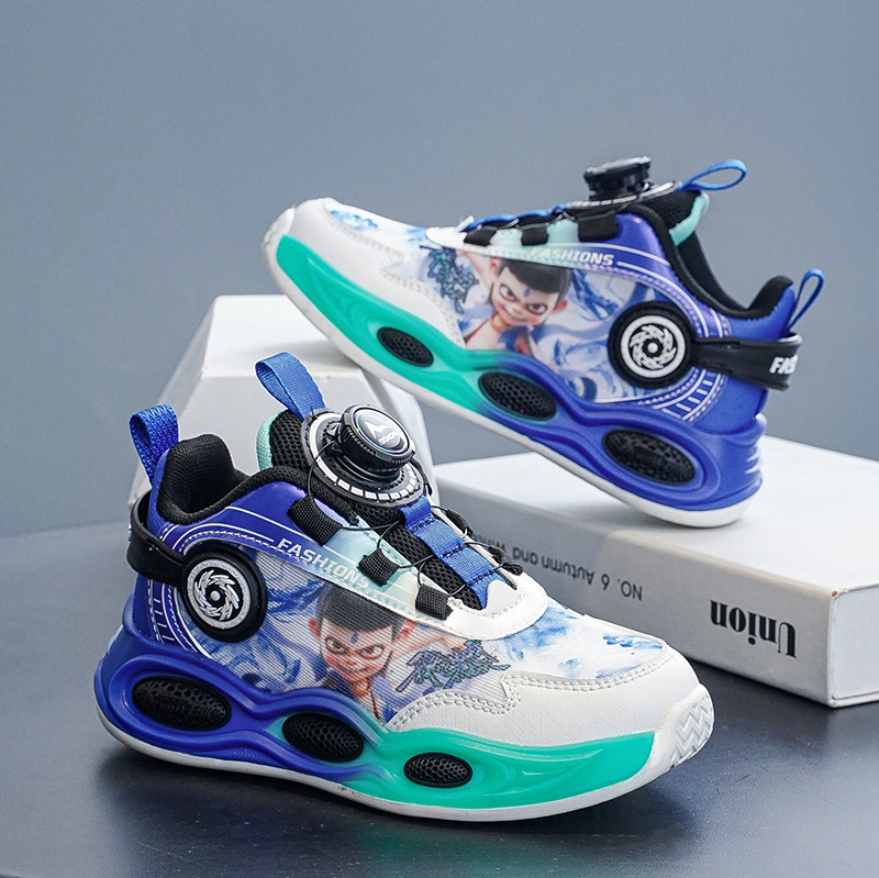 Nezha zapatos de baloncesto primavera y otoño 2025 nuevos zapatos de niños mallas transpirables botones giratorios zapatos antideslizantes