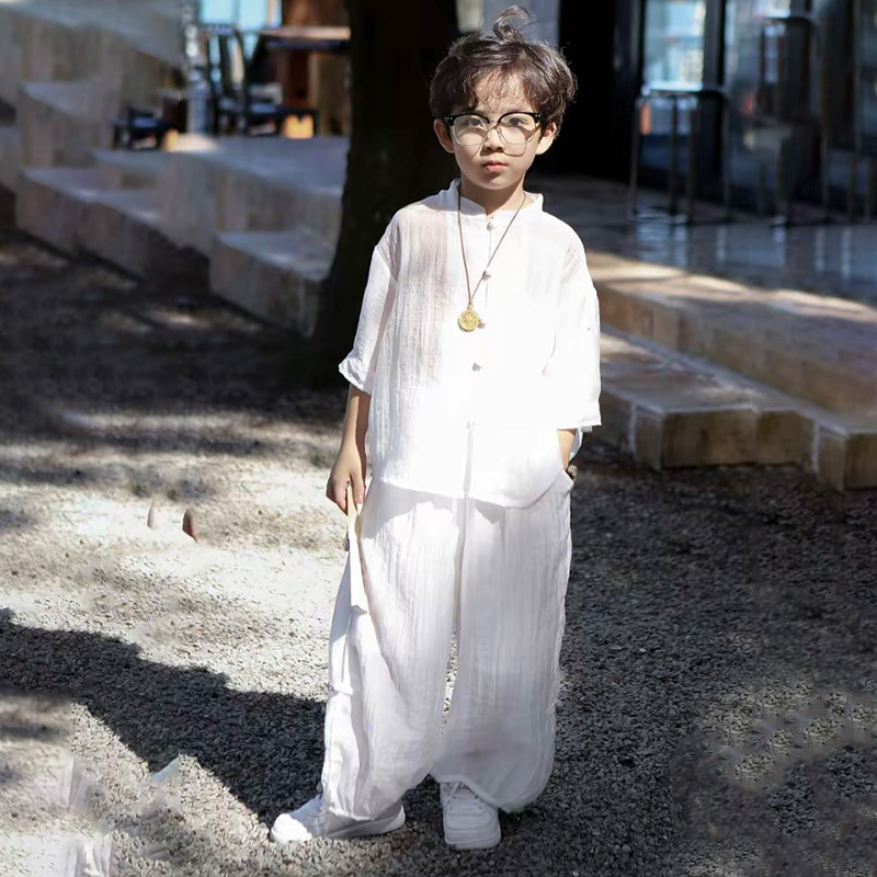 男の子スーツ夏服 2025 新しい男の子新中国風薄い唐装子供服夏古代スタイル漢服|undefined
