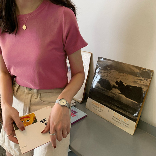 Summer short-sleeved T-shirt for women  new Korean version ins student versatile age-reducing candy color simple round neck top trendy