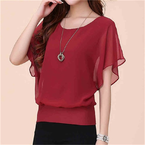 Chiffon shirt women's short-sleeved 2023 new summer large size temperament round neck high-end bat sleeve top women's foreign trade