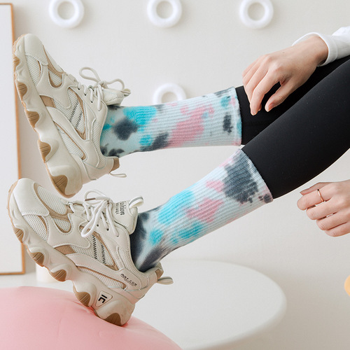 Dyeing Socks for Women Spring and Summer Pure Cotton Medium Calf Socks Ins Trend Professional Fitness Exercise Pilates Anti-Slip Yoga Socks