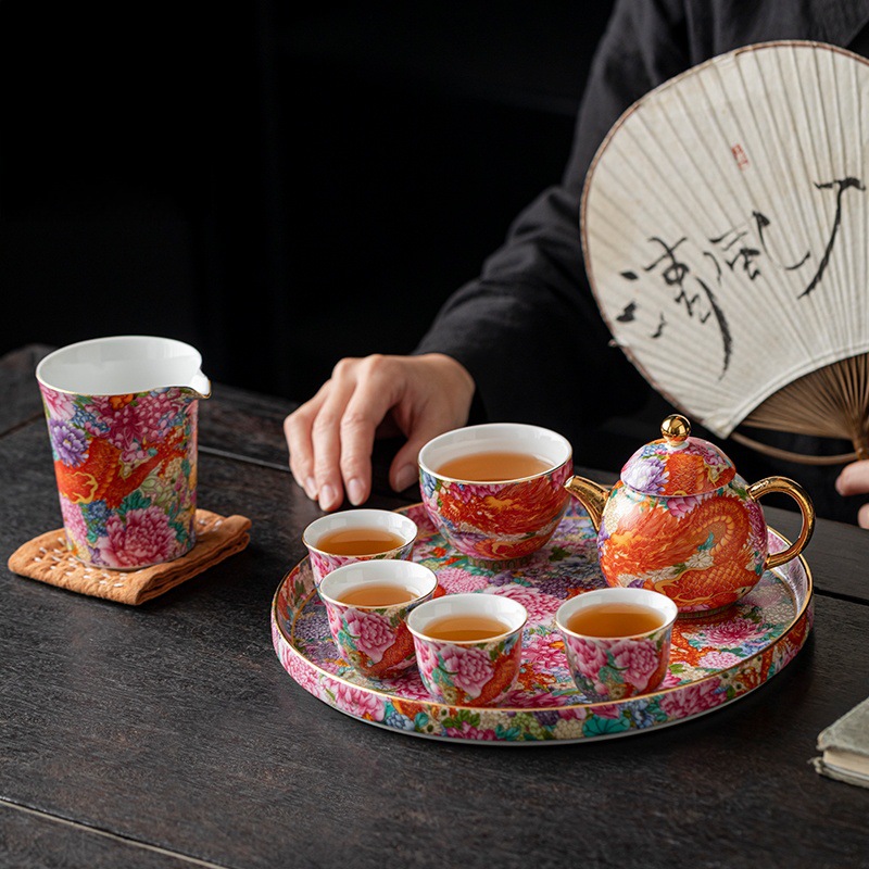 2024 Dragon Chinese Style Enamel Tea Set with Tea Pot and High-End Gongfu Tea Accessories