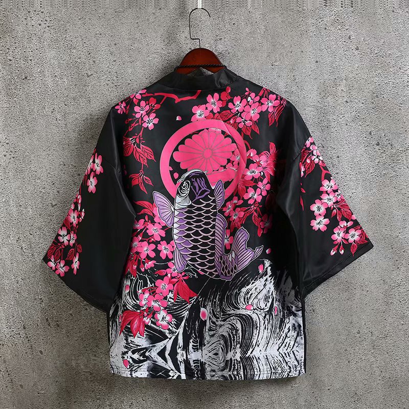 AliExpress coat men's Japanese bf thin crane kimono cardigan loose casual shirt three-quarter sleeve beach sun protection