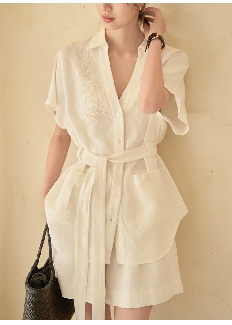 Women's Cotton Linen V-neck Belted Shorts Set Wrinkle Resistant_voghion.com