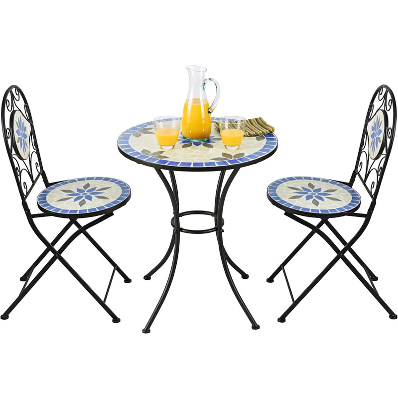 Blue Flower Tile Mosaic Wrought Iron Courtyard Leisure Tables and Chairs, Wrought Iron Mosaic Table and Chair Set
