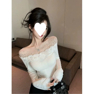 2026新款纯欲小香风立体花朵长袖T恤女秋冬修身网纱烫钻上衣
