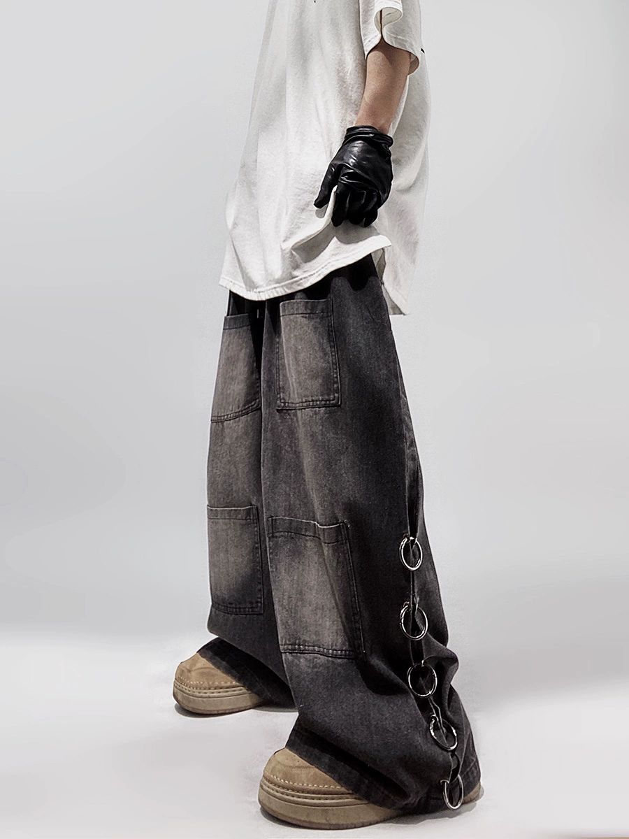Factory direct supply hip-hop fashion brand high street mop wide leg jeans loose plus size American retro straight overalls