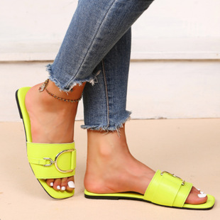 New Color Large Size Foreign Trade Cross-Border Square Toe Metal Buckle Fluorescent Color Flat Slippers Women's Shoes Fashion Color