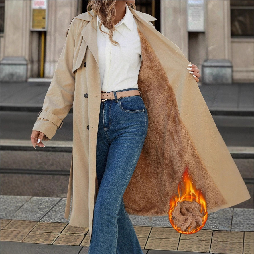 In-Stock 2025 Autumn and Winter Amazon Independent Platform Cross-Border Foreign Trade Belted Fleece-Lined Extended Women's Trench Coat Jacket