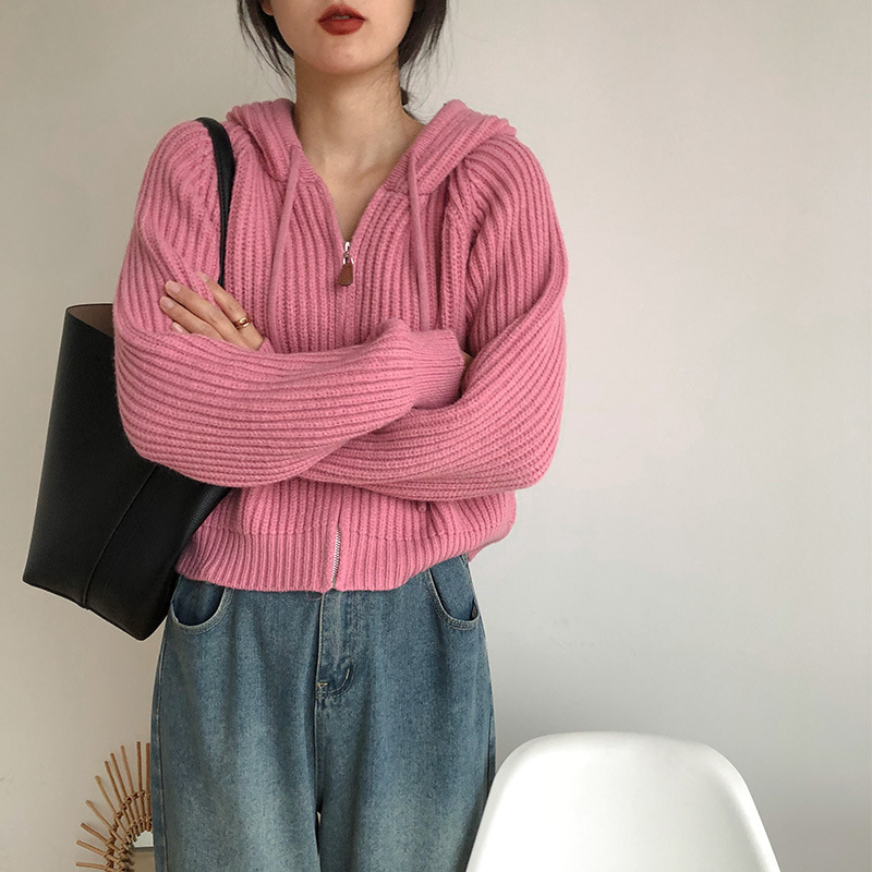 秋冬新款糖果色连帽短款宽松拉链针织开衫减龄甜美软糯毛衣外套女|undefined