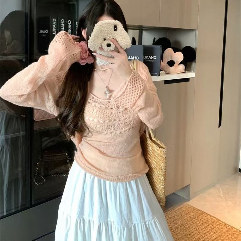 镂空设计感短款针织开衫显瘦挂脖吊带背心女2025早秋新款时尚套装|undefined