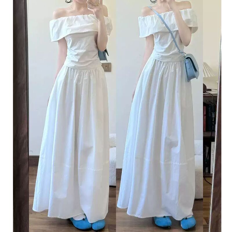 New Summer Style Unique and Beautiful Long Dress, Early Summer Outfit Set, One-Shoulder White Off-The-Shoulder Dress for Women New Summer Style Unique and Beautiful Long Dress, Early Summer Outfit Set, One-Shoulder White Off-The-Shoulder Dress for Women