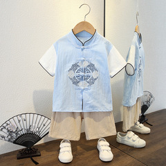Boys' Summer Outfit Set 2024 New Stylish Children Chinese Style Cotton Linen Summer Thin Baby Hanfu Two-Piece Set