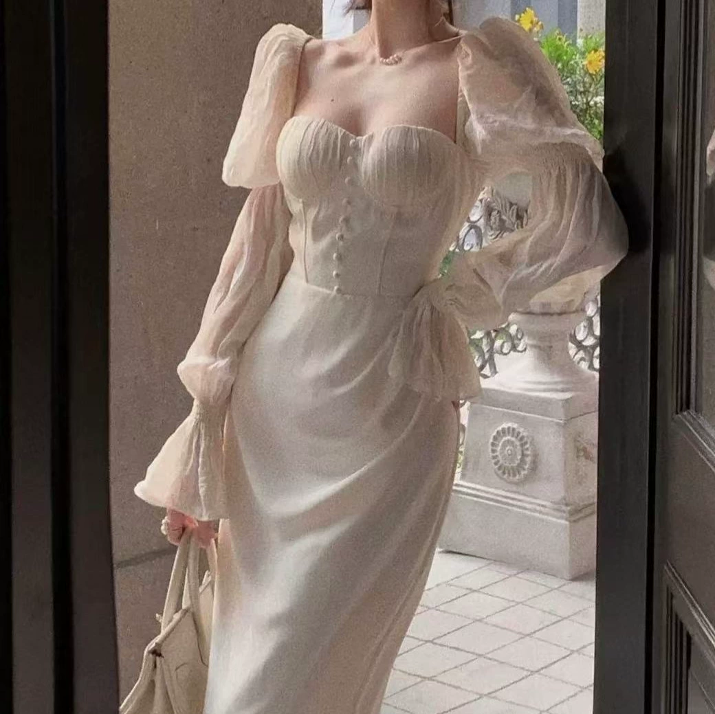 Нишевые дизайнерские чувства французского ретро темперамента с квадратным воротником с пузырьковыми рукавами юбка осенняя супер фея нежная длинная юбка для женщин