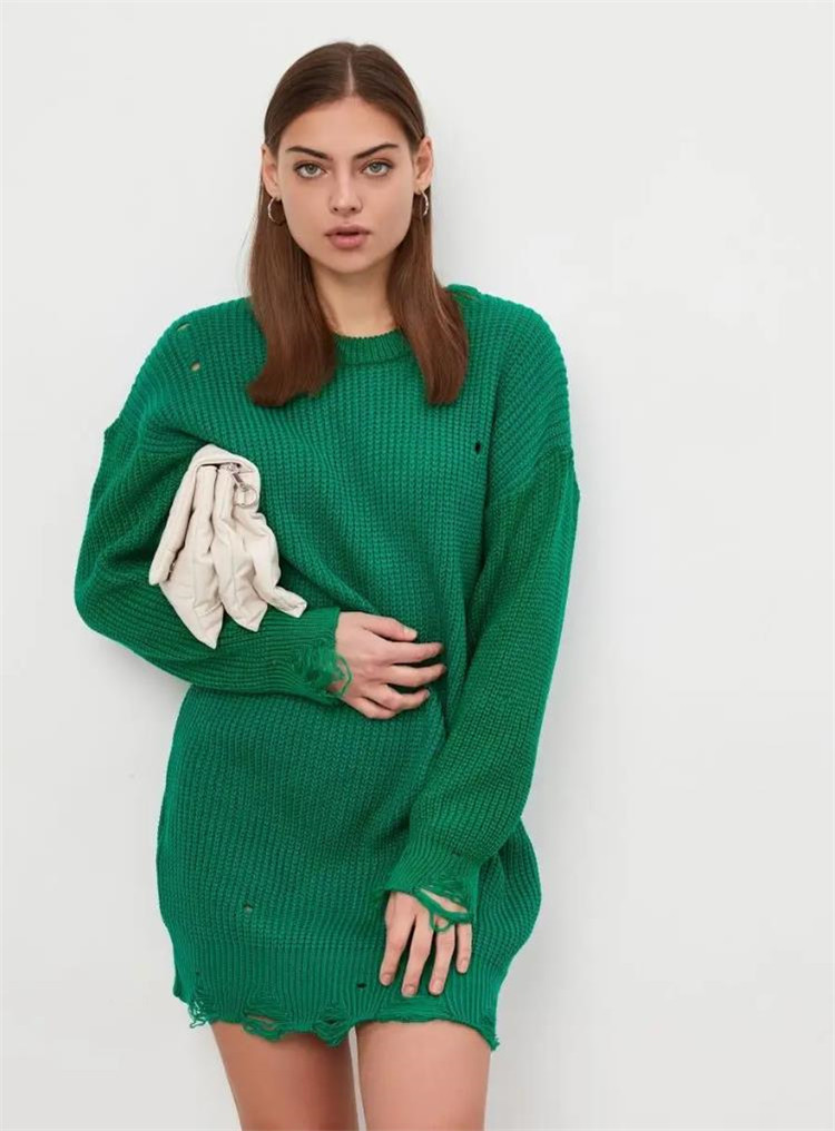 Maglione traforato ampio in tinta unita, lunghezza media, nuovo articolo autunno/inverno 2024, pullover girocollo, maniche lunghe_voghion.com