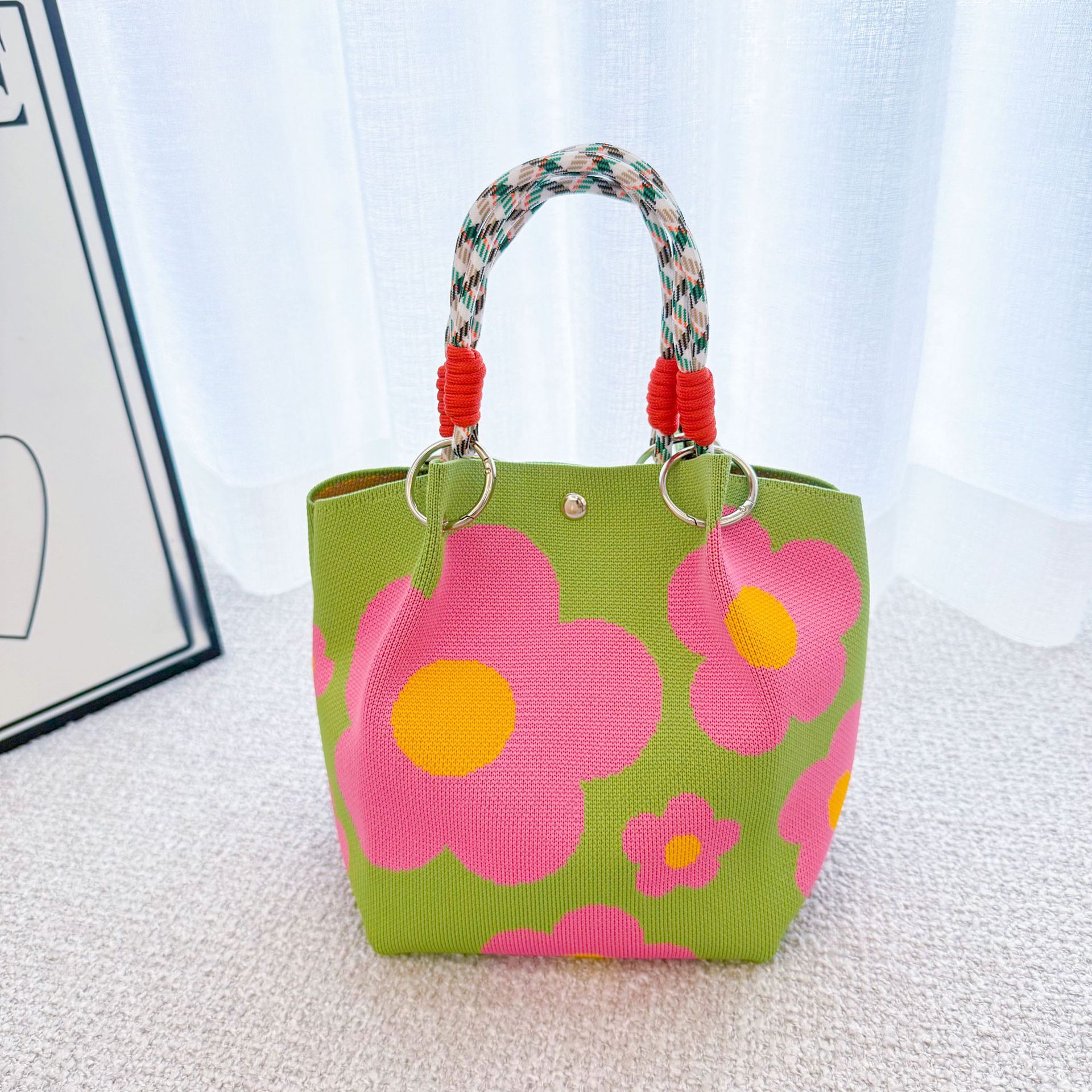 Sunflower Knit Ring Handle Structured Everyday Handbag 21