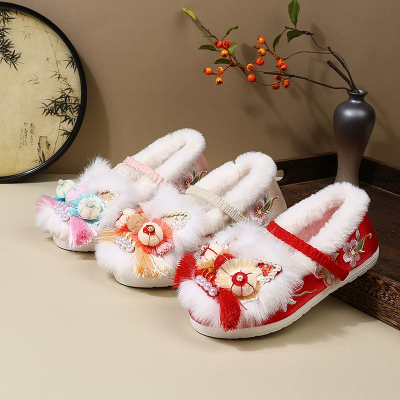 Осенние и зимние бархатные туфли для девочек Hanfu вышитые туфли из тигра ручной работы